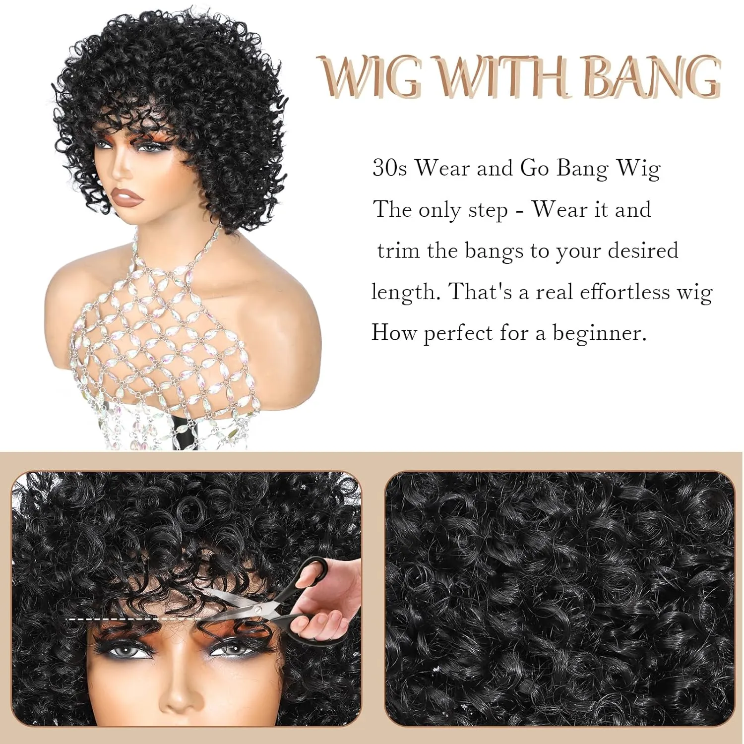 Black Short Afro Curly Wigs with Bangs for Black Women Glueless Bouncy Curls 6 Inch Bob Wig Chic Style Kinky Curly Beginner Friendly Synthetic Heat Resistant Big Curls