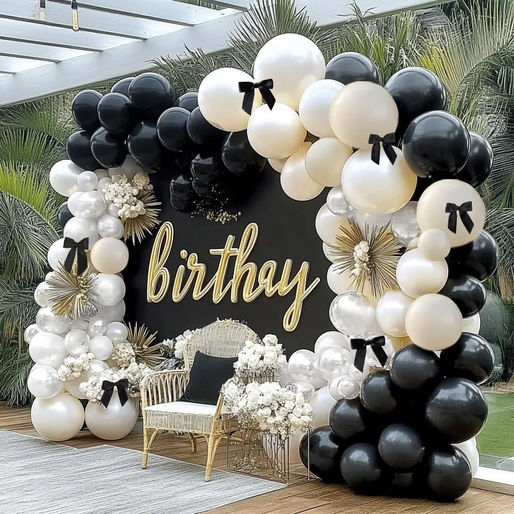 Black White Balloon Arch Double Stuffed Pearl White Black Bow Balloon Garland Cream Ivory Sand Latex Balloons for Birthday Wedding Bridal Shower Engagement Graduation Party Decorations