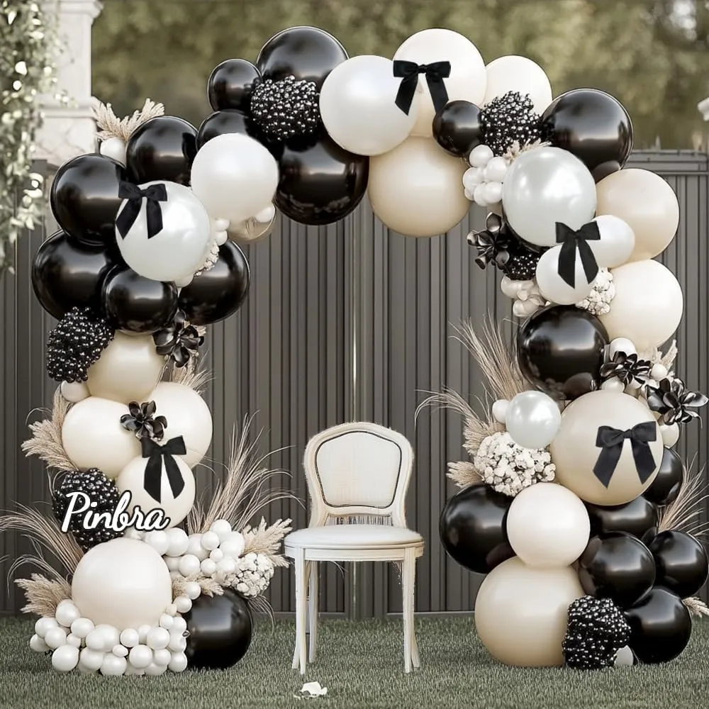 Black White Balloon Arch Double Stuffed Pearl White Black Bow Balloon Garland Cream Ivory Sand Latex Balloons for Birthday Wedding Bridal Shower Engagement Graduation Party Decorations