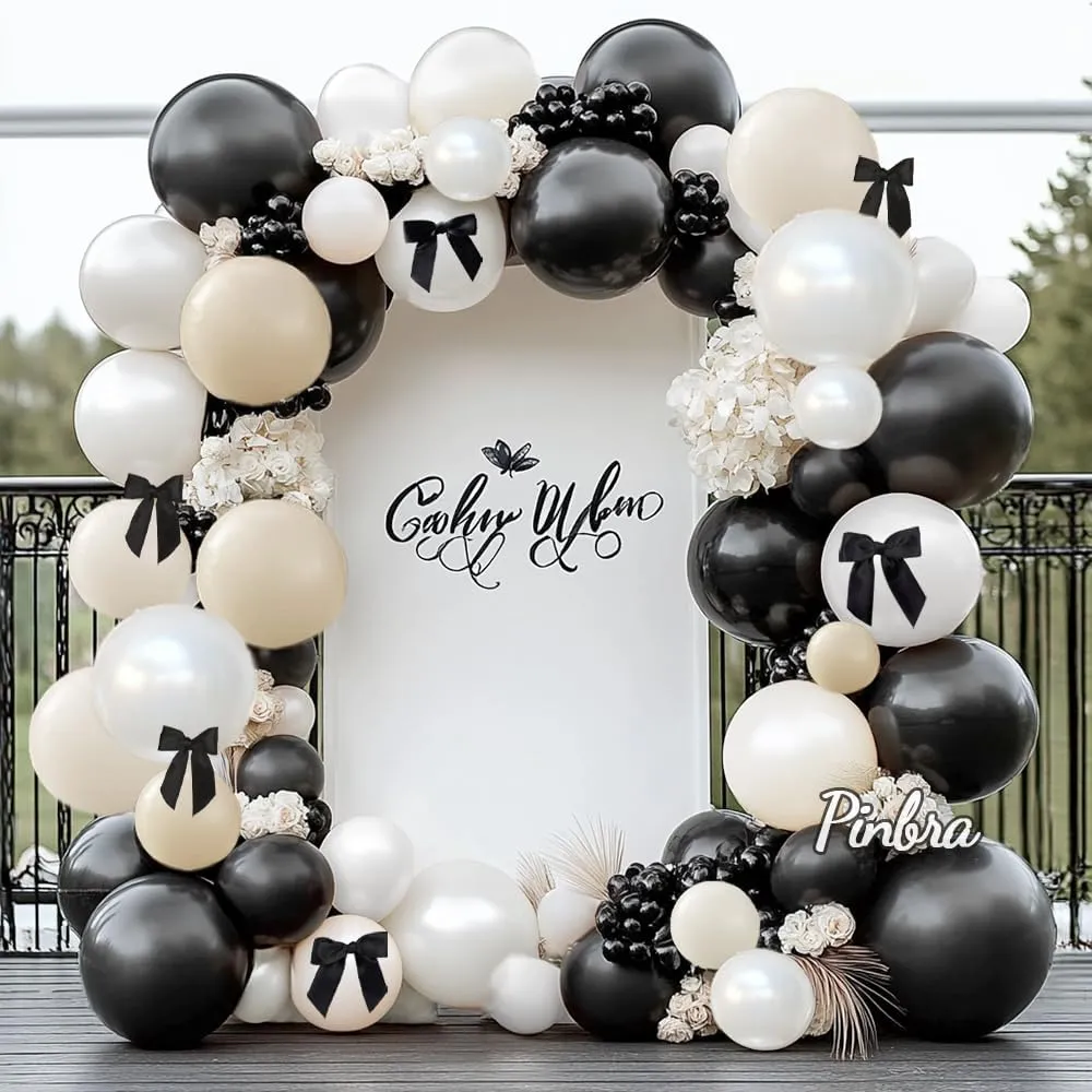 Black White Balloon Arch Double Stuffed Pearl White Black Bow Balloon Garland Cream Ivory Sand Latex Balloons for Birthday Wedding Bridal Shower Engagement Graduation Party Decorations