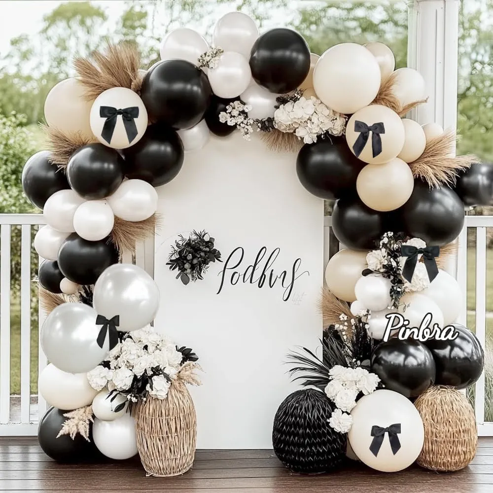 Black White Balloon Arch Double Stuffed Pearl White Black Bow Balloon Garland Cream Ivory Sand Latex Balloons for Birthday Wedding Bridal Shower Engagement Graduation Party Decorations