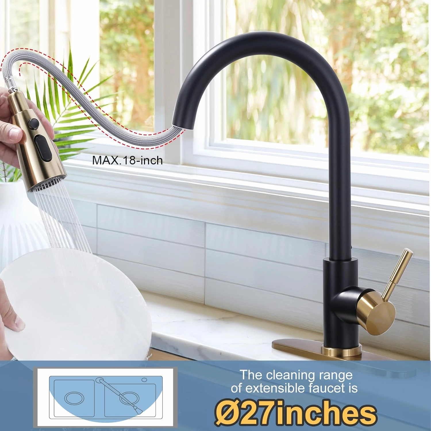 Black and Gold Kitchen Faucet with Sprayer, WOWOW Kitchen Sink Faucet Stainless Steel Single Handle Kitchen Faucets with Deck Plate, 360 Swivel High Arc Single Hole RV Kitchen Faucet