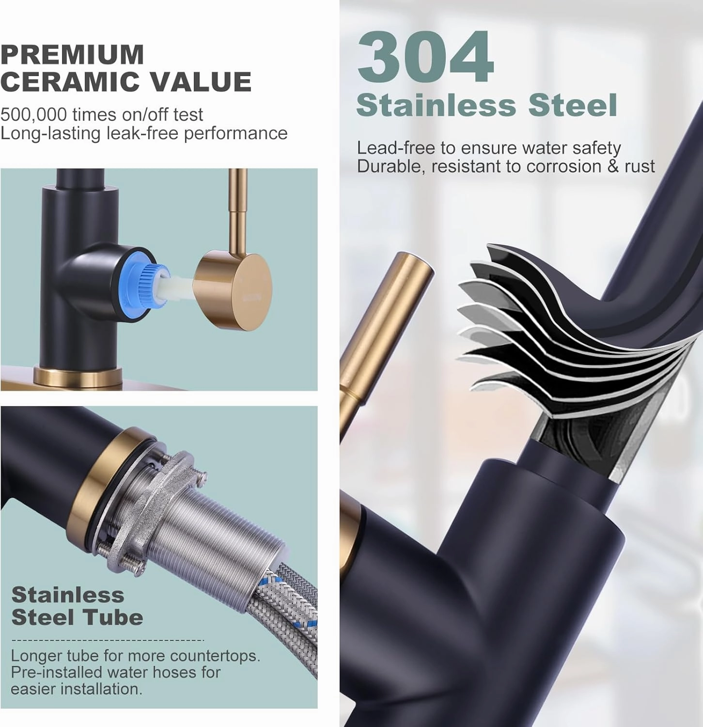 Black and Gold Kitchen Faucet with Sprayer, WOWOW Kitchen Sink Faucet Stainless Steel Single Handle Kitchen Faucets with Deck Plate, 360 Swivel High Arc Single Hole RV Kitchen Faucet