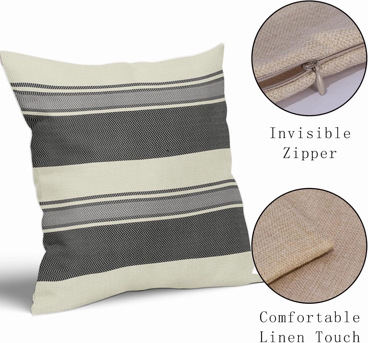 Black Grey Gray Striped Pillow Covers 20x20 Set of 2 Modern Boho Stripe Pattern Cream Print Decorative Outdoor Pillowcases Farmhouse Throw Cushion Case Decor for Home Couch Sofa Bed