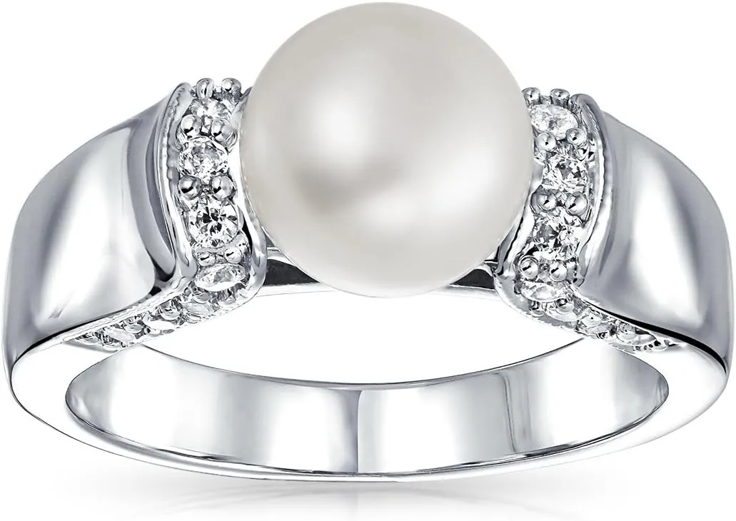 Bling Jewelry Criss Cross Twist Wedding Pave Band White Cultured 8-10MM Pearl Solitaire Engagement Promise Ring For Women CZ Side Stones Silver Plated
