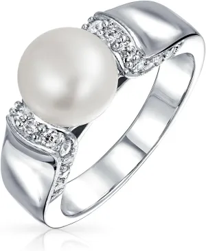 Bling Jewelry Criss Cross Twist Wedding Pave Band White Cultured 8-10MM Pearl Solitaire Engagement Promise Ring For Women CZ Side Stones Silver Plated