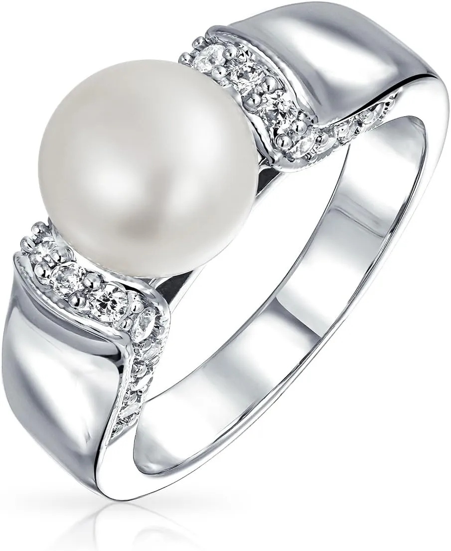 Bling Jewelry Criss Cross Twist Wedding Pave Band White Cultured 8-10MM Pearl Solitaire Engagement Promise Ring For Women CZ Side Stones Silver Plated
