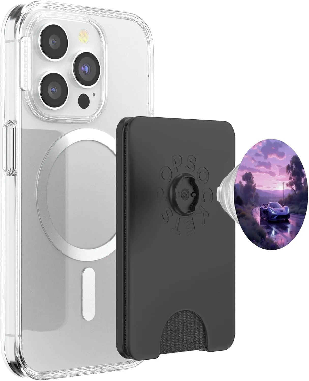 Blue Hypercar Sunset Drive Scenic Road Adventure PopSockets PopWallet for MagSafe