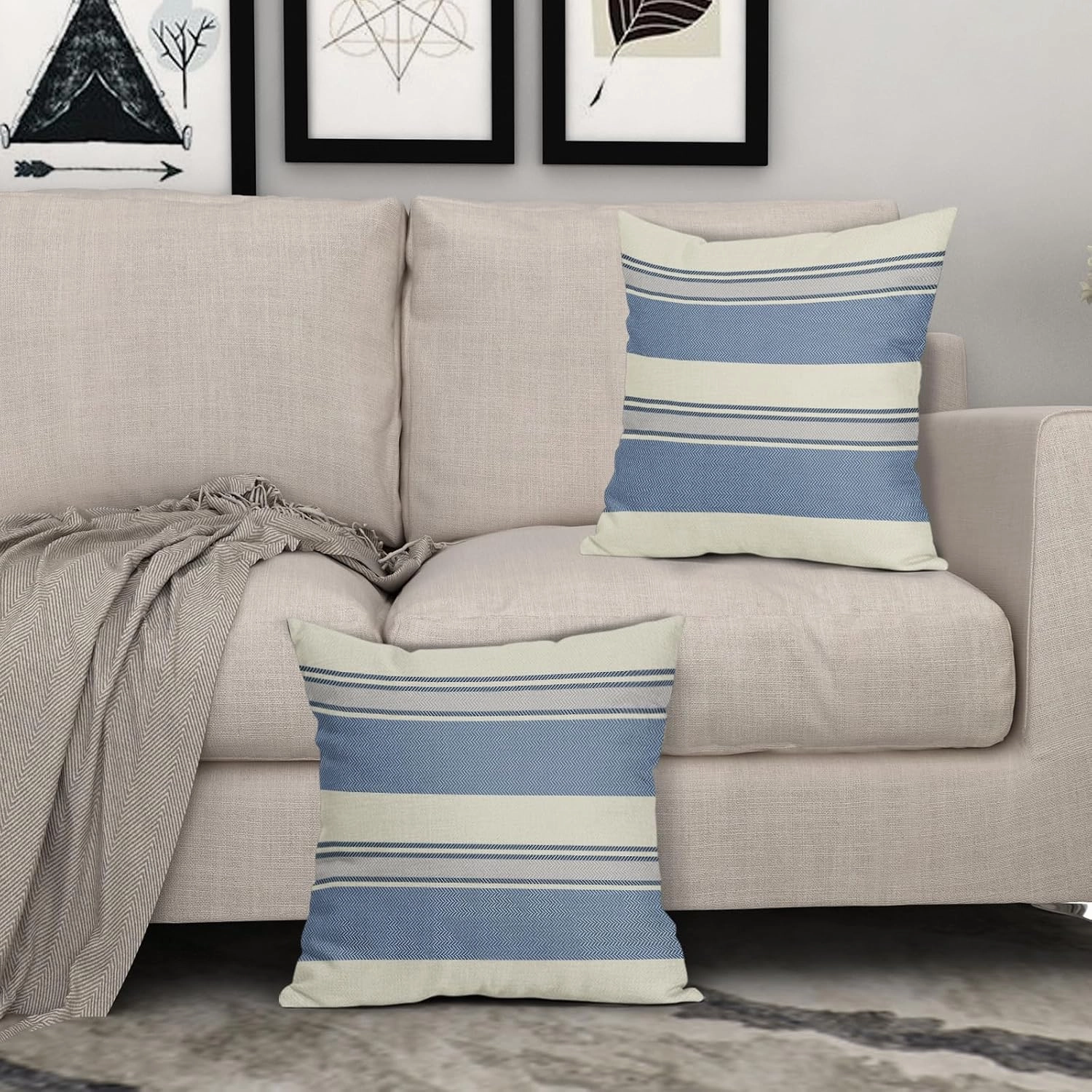 Blue Grey Striped Pillow Covers 20x20 Set of 2 Boho Stripe Print Patterned Gray Cream Decorative Spring Summer Outdoor Pillowcases Modern Farmhouse Throw Cushion Case Couch Sofa Bed Decor