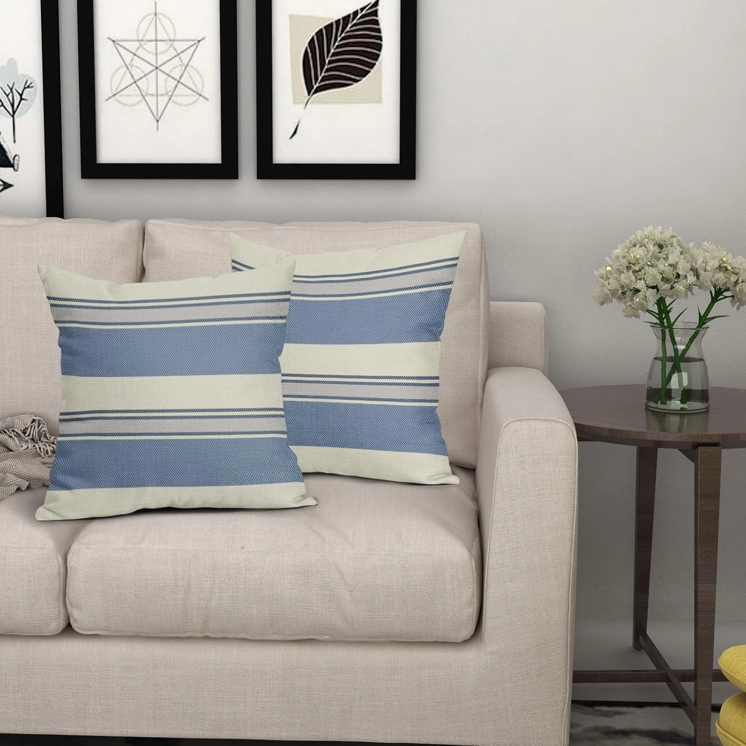 Blue Grey Striped Pillow Covers 20x20 Set of 2 Boho Stripe Print Patterned Gray Cream Decorative Spring Summer Outdoor Pillowcases Modern Farmhouse Throw Cushion Case Couch Sofa Bed Decor