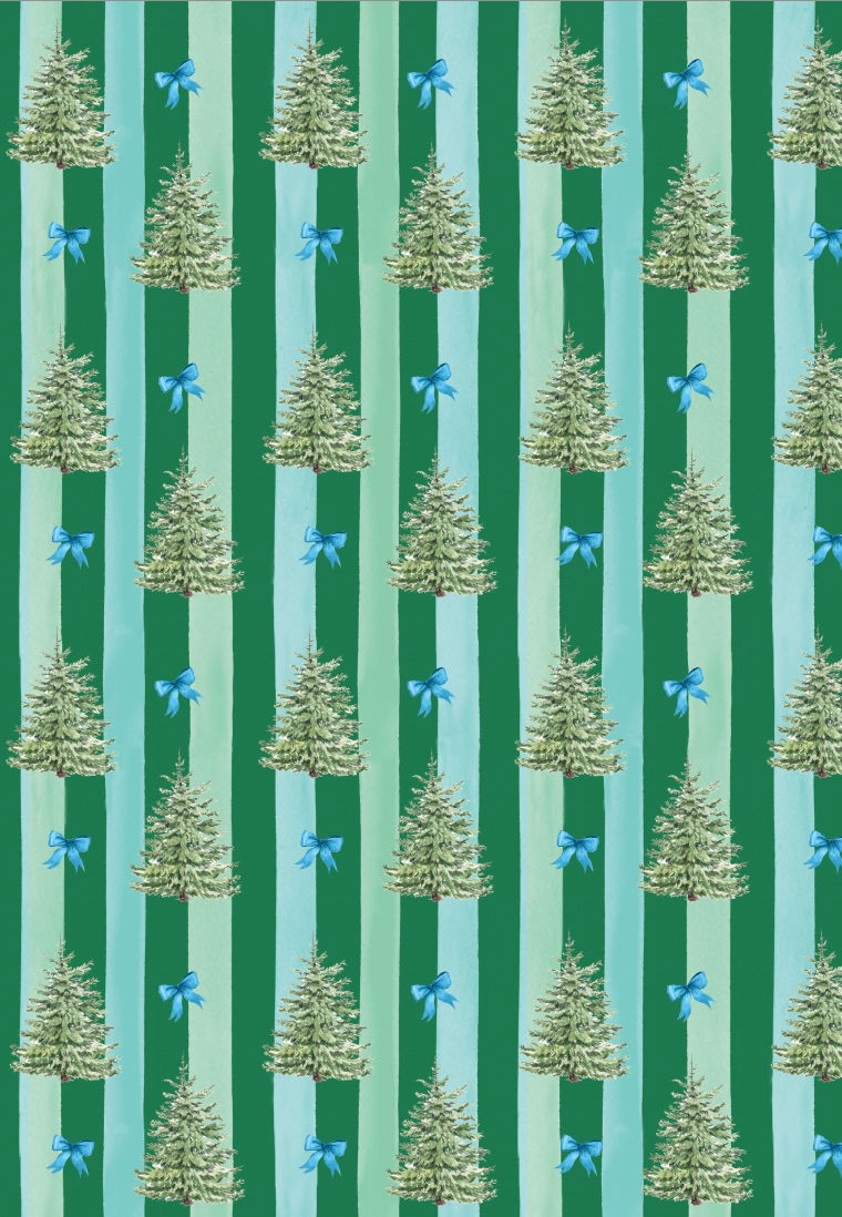 Blue Spruce and Bows Green Striped Wrapping Paper