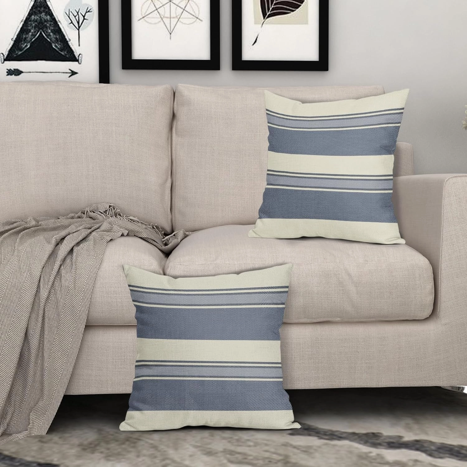 Blue Striped Pillow Covers 20x20 Set of 2 Cream Boho Stripe Print Patterned Decorative Spring Summer Outdoor Pillowcases Modern Farmhouse Throw Cushion Case Couch Sofa Bed Decor