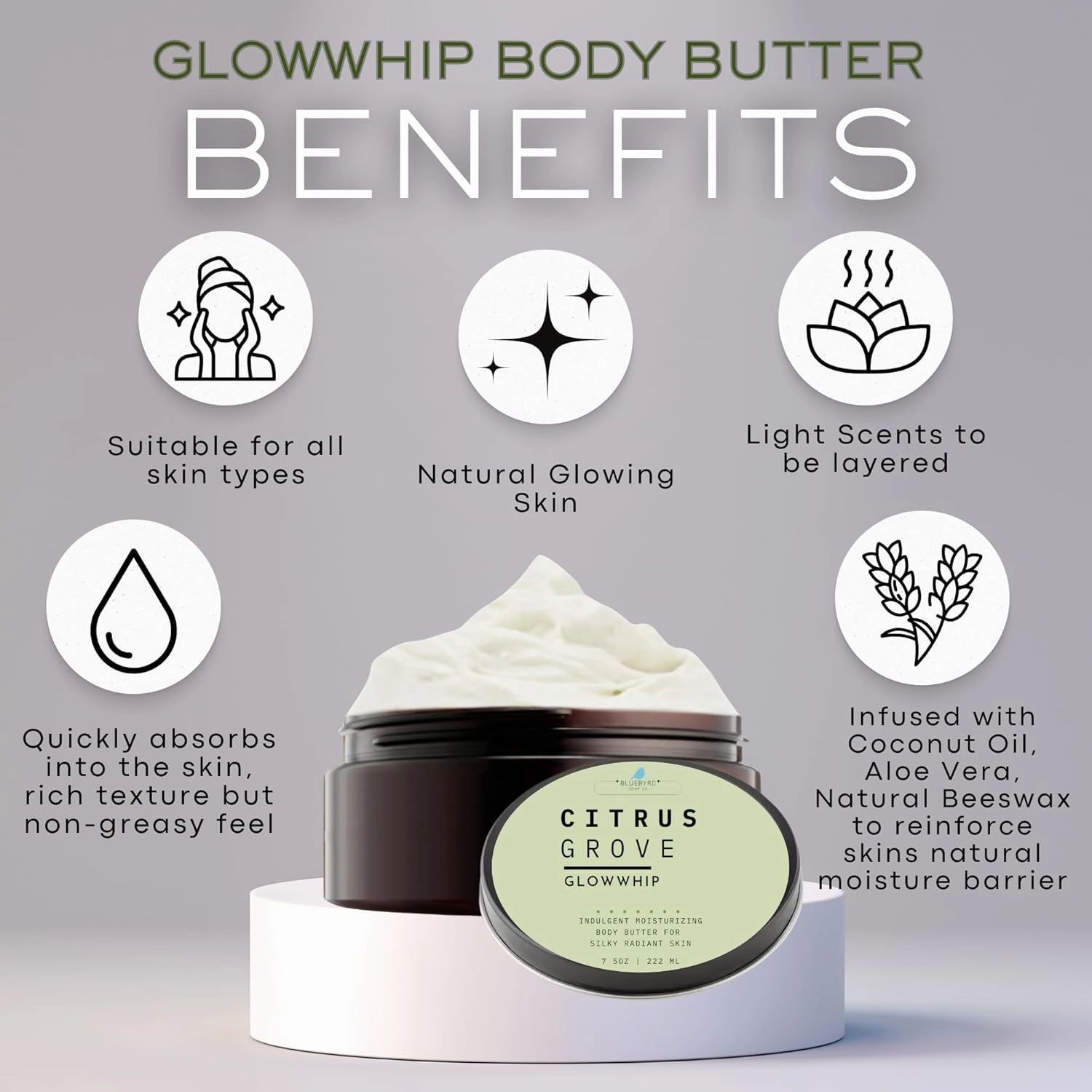 BLUEBYRD Citrus Glowwhip Body Butter | Whipped Body Cream - Indulgent Moisture for Glowing, Radiant Skin | Moisturizing 8oz Jar (Citrus Grove)
