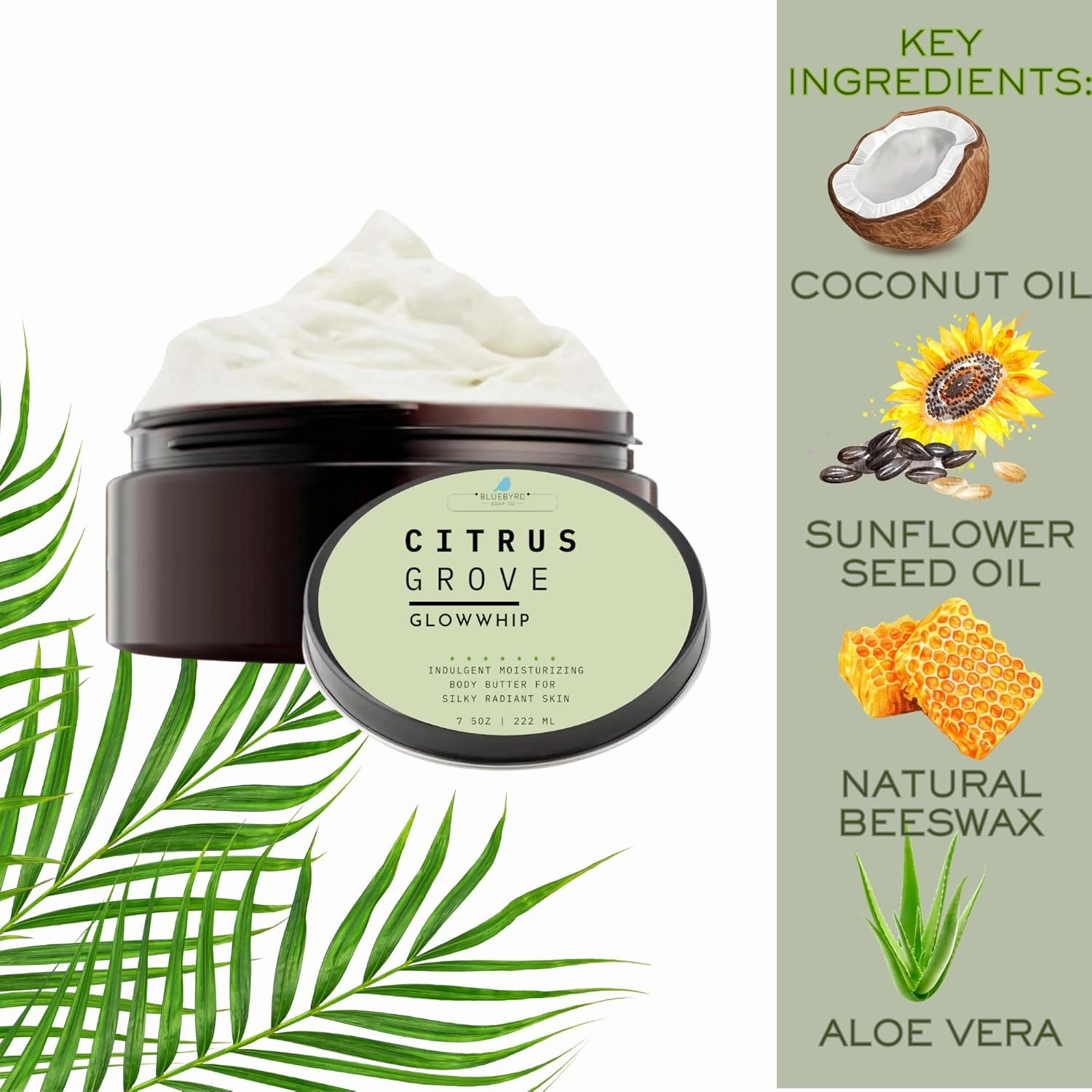 BLUEBYRD Citrus Glowwhip Body Butter | Whipped Body Cream - Indulgent Moisture for Glowing, Radiant Skin | Moisturizing 8oz Jar (Citrus Grove)