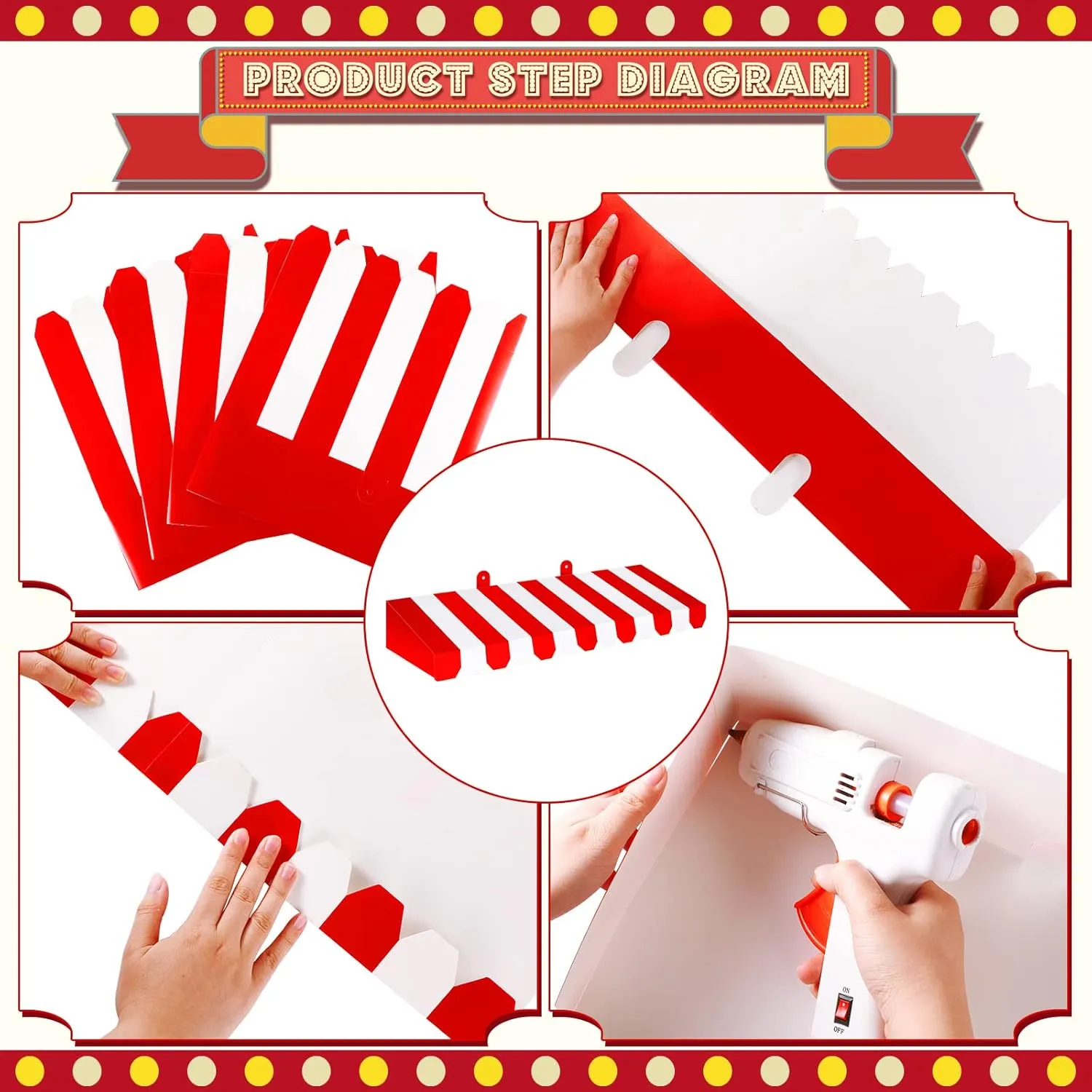 Boao 4 Pack Circus Awning Decoration 3D Stripe Cardboard Awning Carnival Wall Decor Circus Party Favors for Lemonade Stand Bakery Ice Cream Truck Bulletin Board Decor(Red and White)
