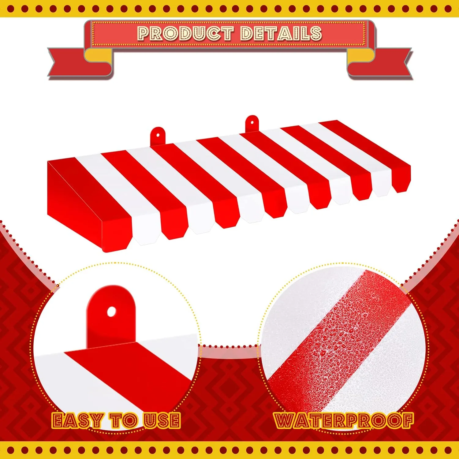 Boao 4 Pack Circus Awning Decoration 3D Stripe Cardboard Awning Carnival Wall Decor Circus Party Favors for Lemonade Stand Bakery Ice Cream Truck Bulletin Board Decor(Red and White)