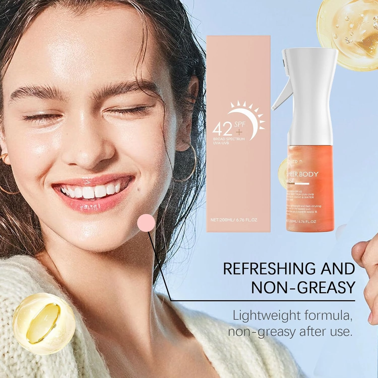 Body Sunscreen SPF 42,Infused with Shimmering Body Oil,Hydrating Spray for Glowing Skin, Lightweight Fast-Absorbing Sun Protection,Tropical Scent (1)