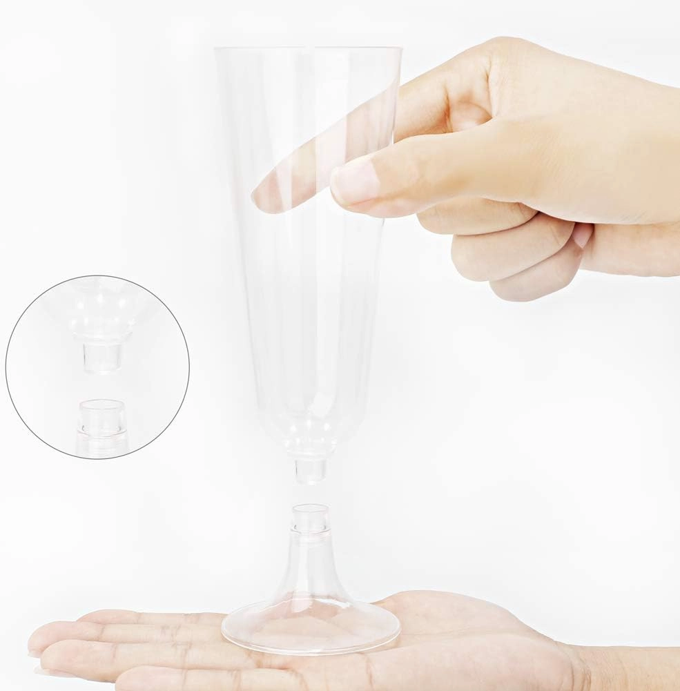BUCLA 100 Pack Clear Plastic Champagne Flutes- 5OZ Plastic Champagne Glasses- Premium Quality Clear Disposable Cups-Ideal for Parties& Weddings