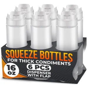 BURIUS Set of 6 Condiment Squeeze Bottles for Sauces 16 oz – Self-Closing Valve, Easy-to-Fill Clear Design | Ready-to-Dispense for Dressings, Condiments, and Sauces | Durable and Convenient