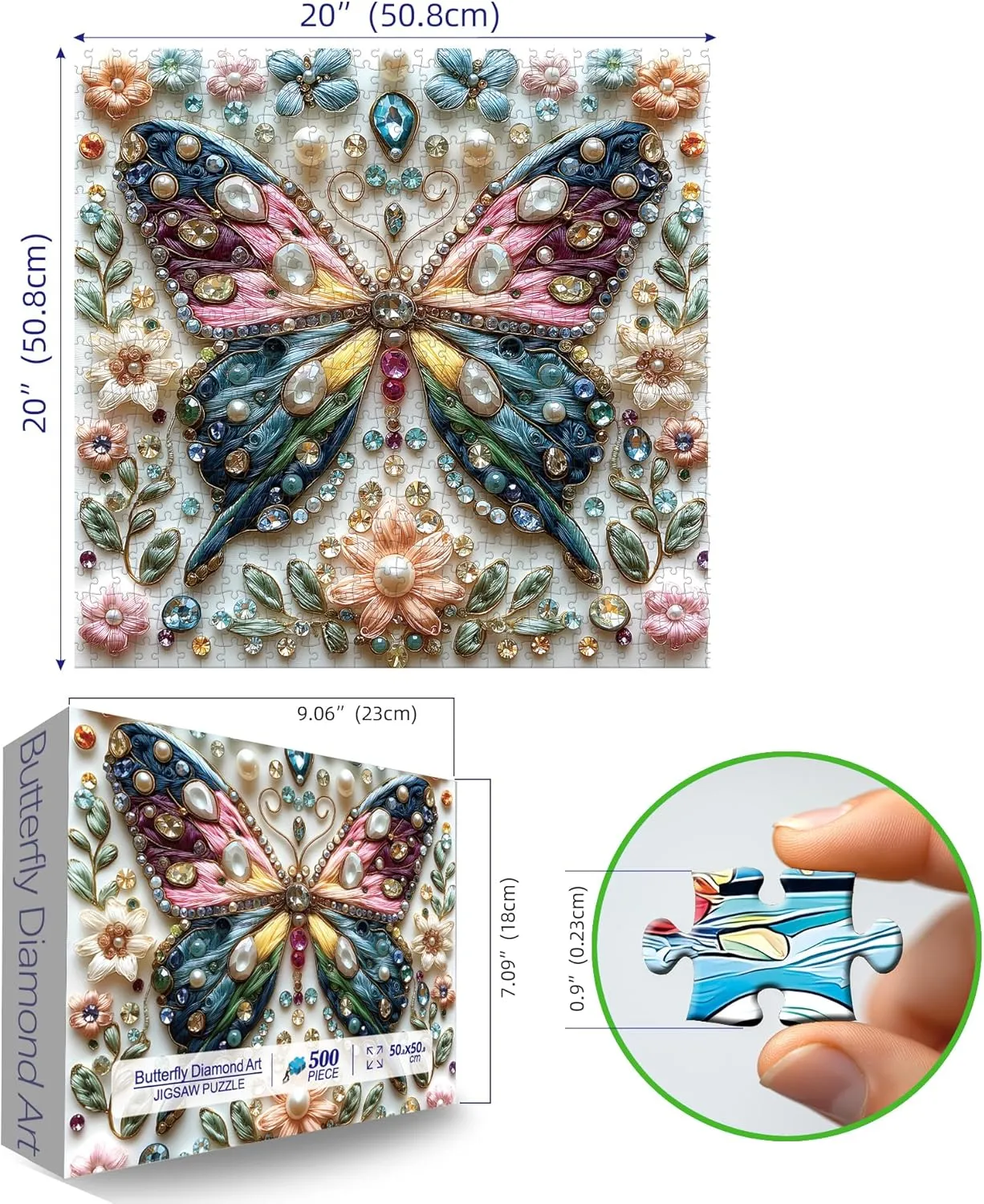 Butterfly Jigsaw Puzzles for Adults 500 Pieces Colorful Crystal Flower Puzzles Beautiful Diamond Art Puzzle Difficult Unique Family Challenging Games Gift for Teens Adults Puzzle (20"x20")