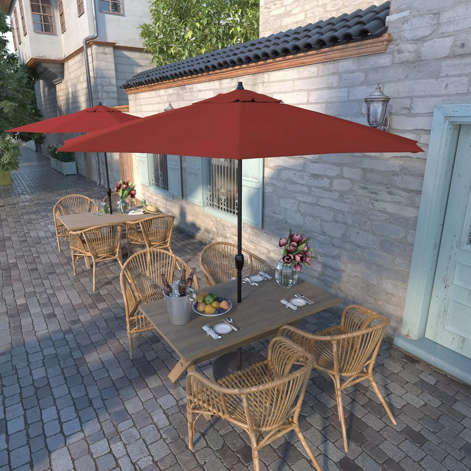 California Umbrella 9' Rd Sunbrella Aluminum Patio Umbrella, Crank Lift, Auto Tilt, Bronze Pole, Jockey Red