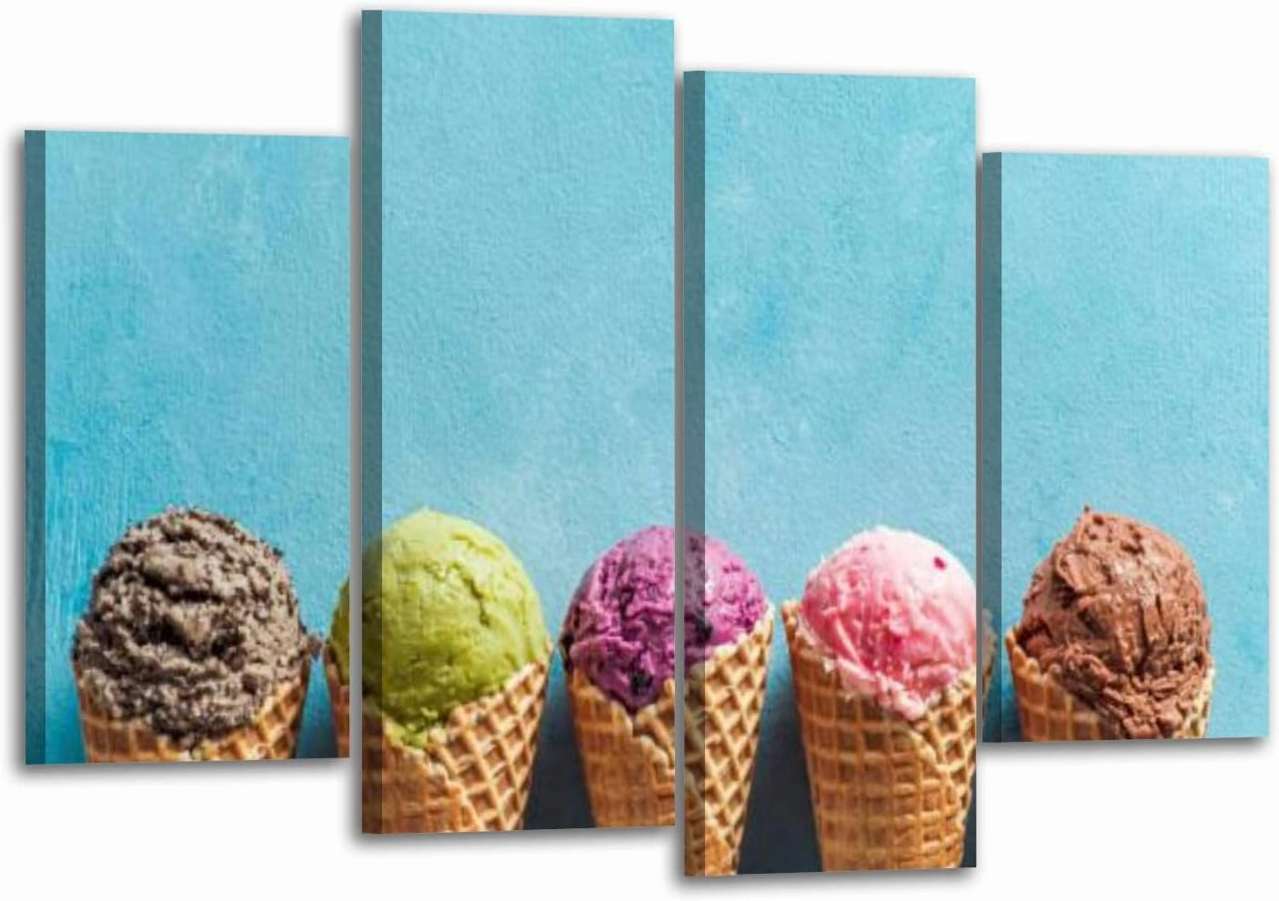 Canvas Wall Art Prints Pictures Ice cream scoops cones copy space blue Stretched & Framed Modern Wall Painting Home Decor for Living Room Bedroom Ready to Hang 4 Panel