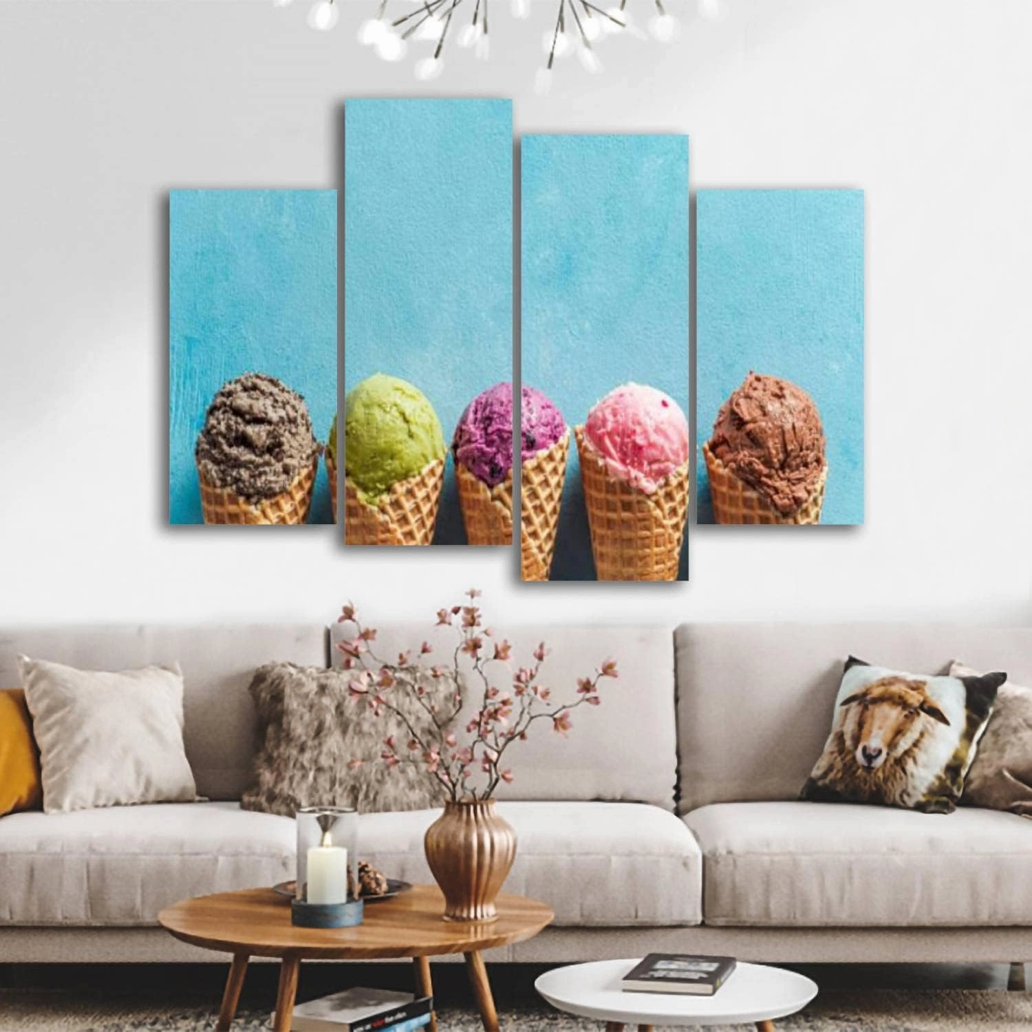 Canvas Wall Art Prints Pictures Ice cream scoops cones copy space blue Stretched & Framed Modern Wall Painting Home Decor for Living Room Bedroom Ready to Hang 4 Panel