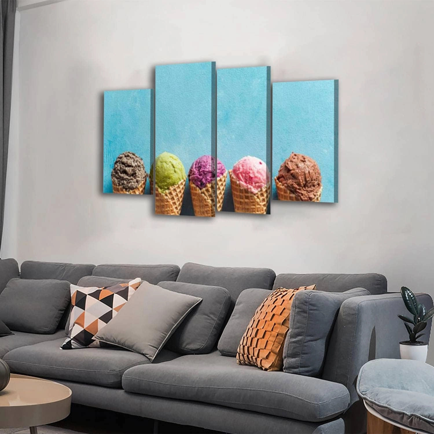 Canvas Wall Art Prints Pictures Ice cream scoops cones copy space blue Stretched & Framed Modern Wall Painting Home Decor for Living Room Bedroom Ready to Hang 4 Panel