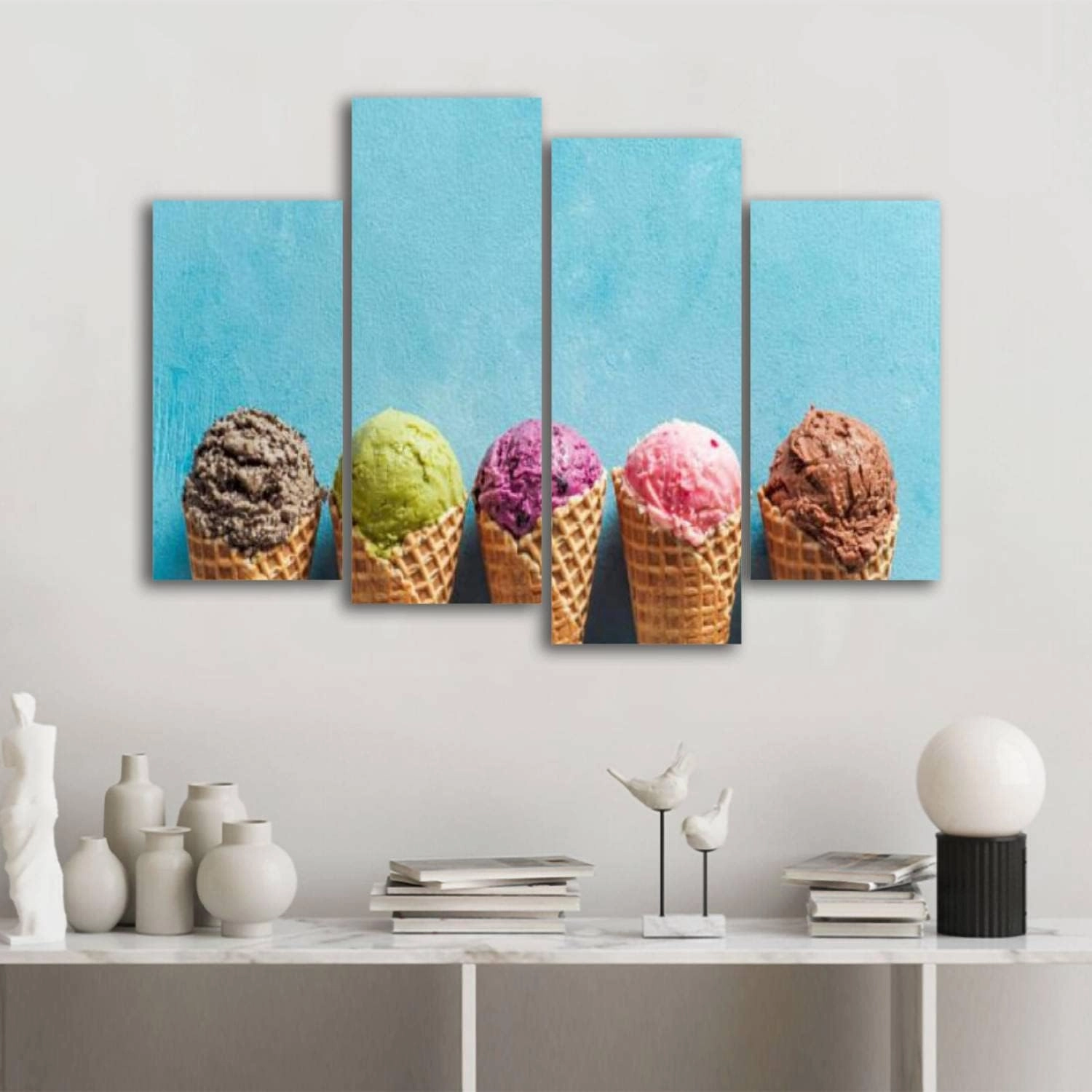 Canvas Wall Art Prints Pictures Ice cream scoops cones copy space blue Stretched & Framed Modern Wall Painting Home Decor for Living Room Bedroom Ready to Hang 4 Panel