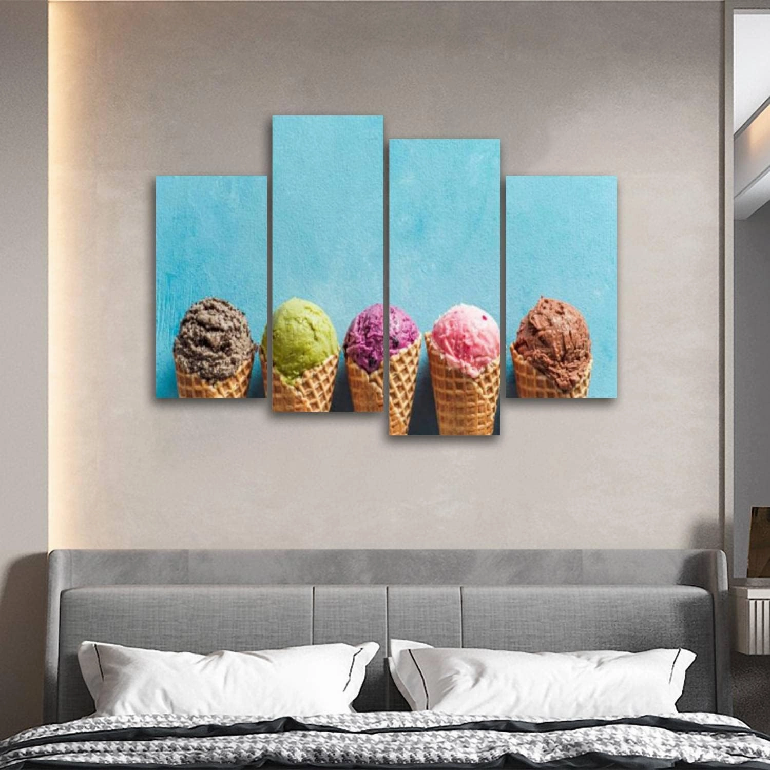 Canvas Wall Art Prints Pictures Ice cream scoops cones copy space blue Stretched & Framed Modern Wall Painting Home Decor for Living Room Bedroom Ready to Hang 4 Panel