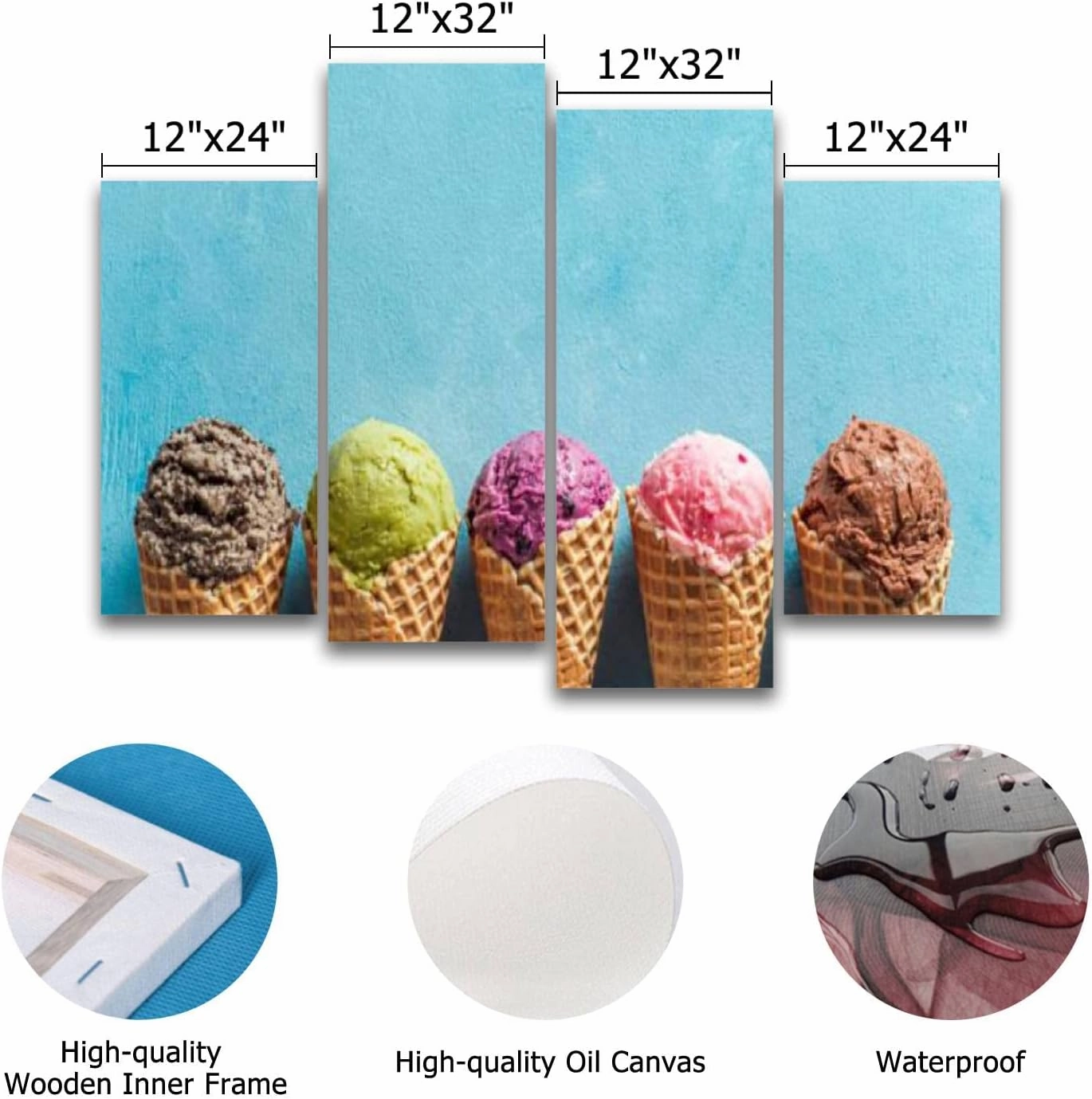 Canvas Wall Art Prints Pictures Ice cream scoops cones copy space blue Stretched & Framed Modern Wall Painting Home Decor for Living Room Bedroom Ready to Hang 4 Panel