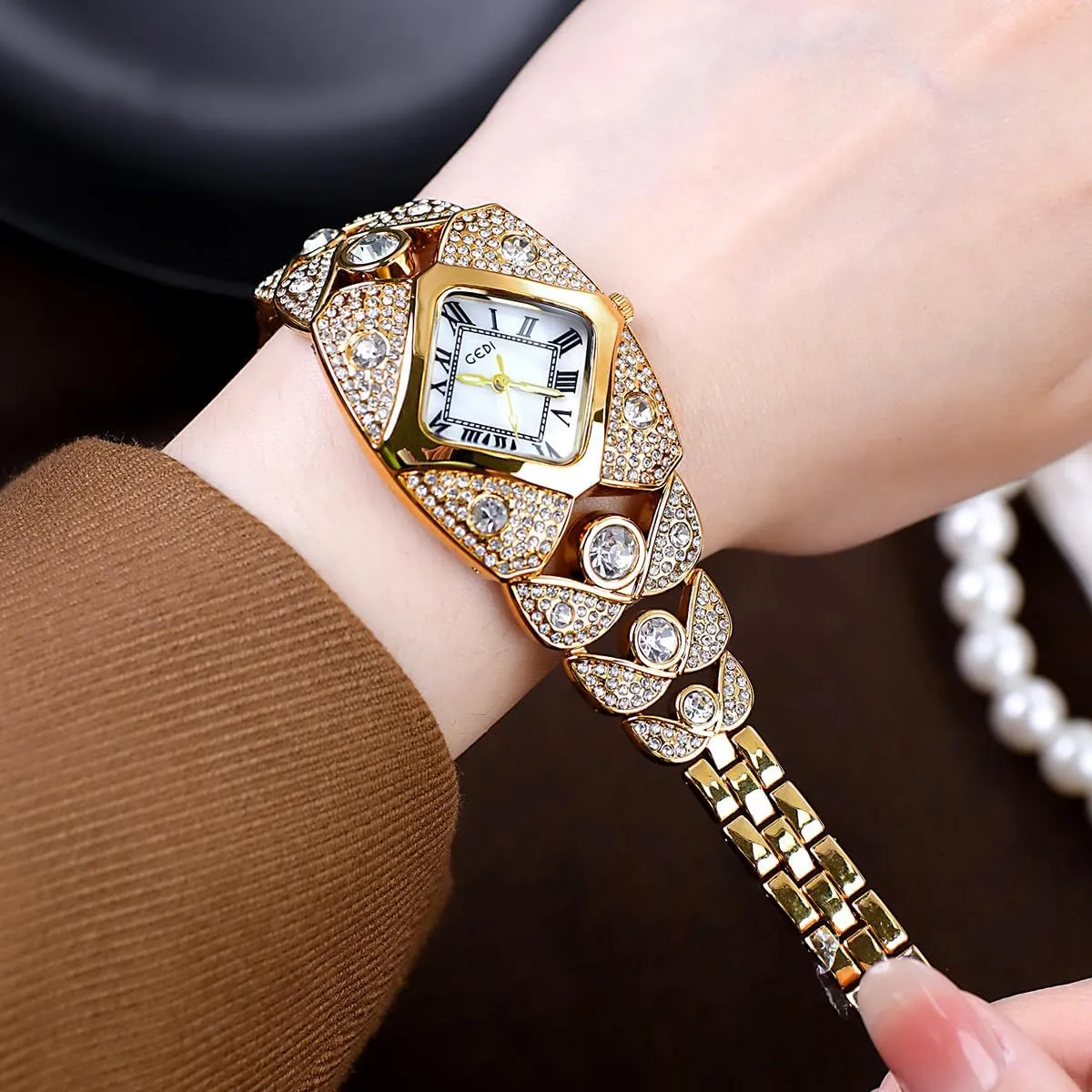 CARLIEN Women's Luxury Fashion Bling Rhinestone Rhombic Square Pearl Dial Quartz Watch Roman Numerals Elegant Ladies Dress Analog Bracelet Wrist Watch