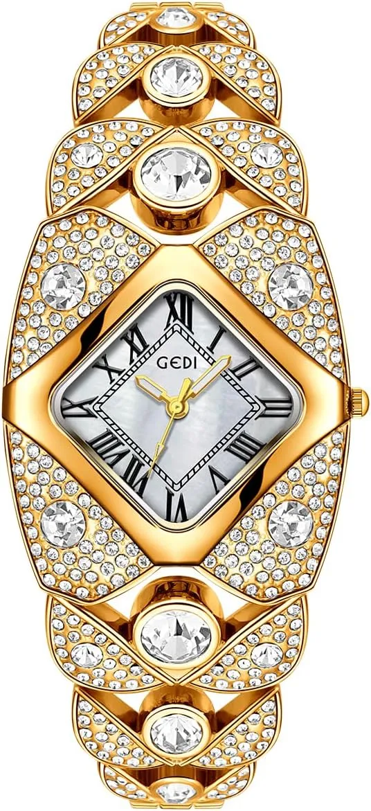 CARLIEN Women's Luxury Fashion Bling Rhinestone Rhombic Square Pearl Dial Quartz Watch Roman Numerals Elegant Ladies Dress Analog Bracelet Wrist Watch