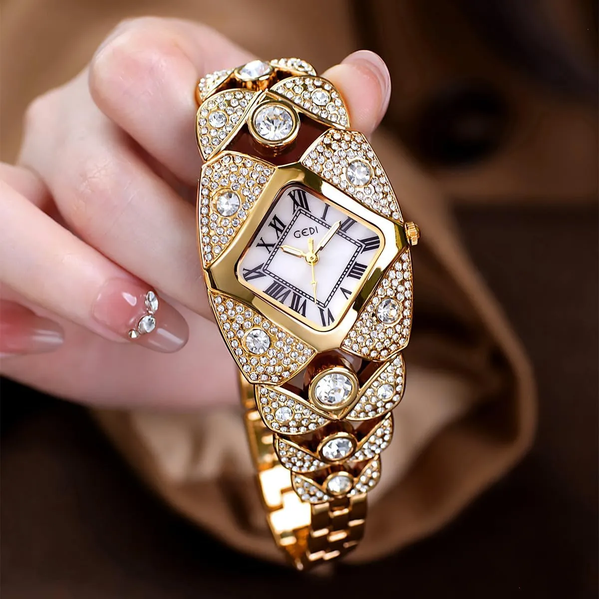 CARLIEN Women's Luxury Fashion Bling Rhinestone Rhombic Square Pearl Dial Quartz Watch Roman Numerals Elegant Ladies Dress Analog Bracelet Wrist Watch