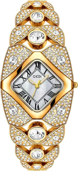 CARLIEN Women's Luxury Fashion Bling Rhinestone Rhombic Square Pearl Dial Quartz Watch Roman Numerals Elegant Ladies Dress Analog Bracelet Wrist Watch