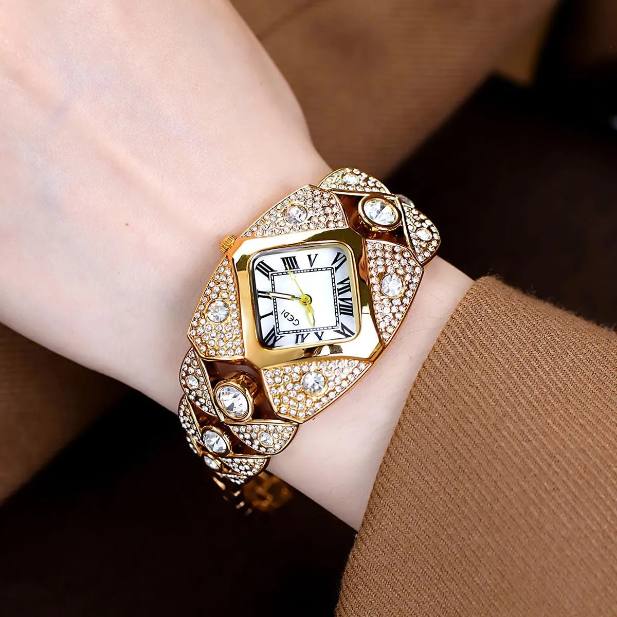 CARLIEN Women's Luxury Fashion Bling Rhinestone Rhombic Square Pearl Dial Quartz Watch Roman Numerals Elegant Ladies Dress Analog Bracelet Wrist Watch