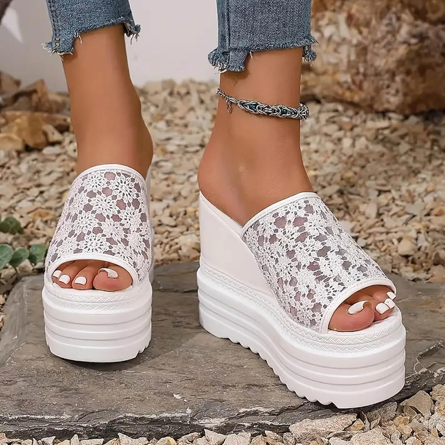 Casual Slip on Summer Shoes Mesh Lace Pattern Breathable Wedge Thick Platform Women Sandals Slip On Versatile Casual