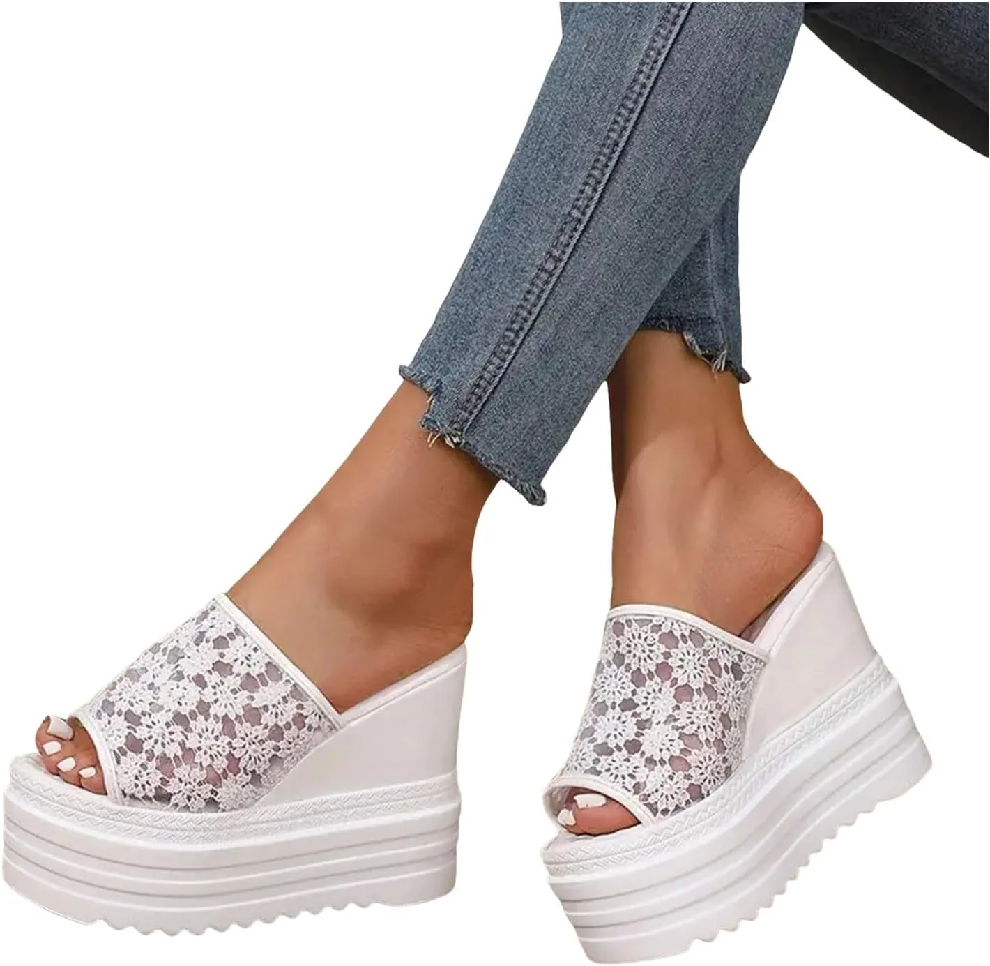 Casual Slip on Summer Shoes Mesh Lace Pattern Breathable Wedge Thick Platform Women Sandals Slip On Versatile Casual