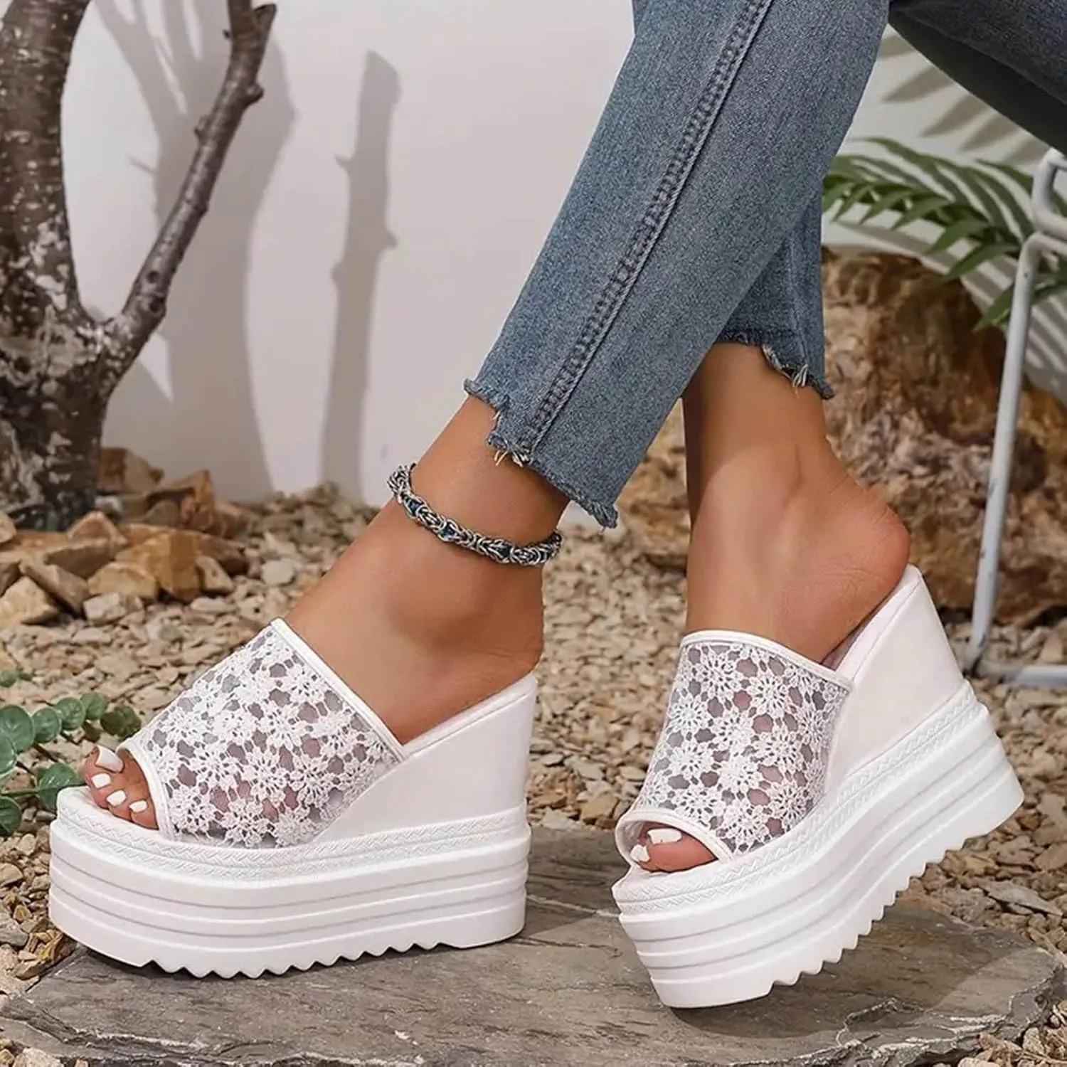 Casual Slip on Summer Shoes Mesh Lace Pattern Breathable Wedge Thick Platform Women Sandals Slip On Versatile Casual