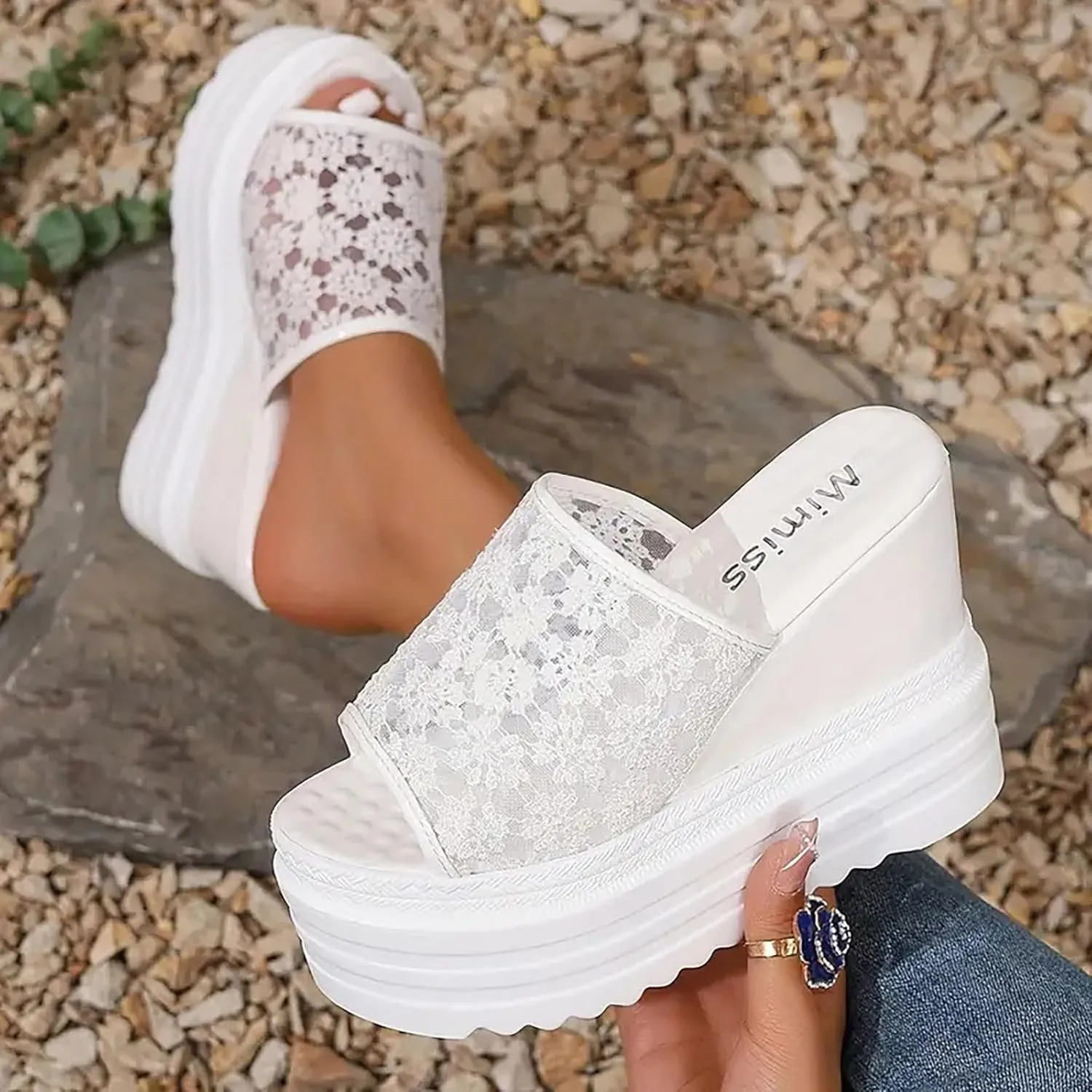 Casual Slip on Summer Shoes Mesh Lace Pattern Breathable Wedge Thick Platform Women Sandals Slip On Versatile Casual
