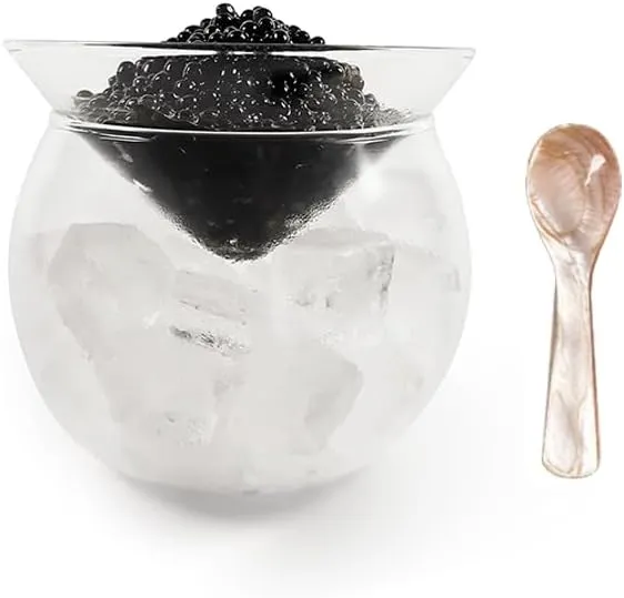 Caviar Server Set Glass Caviar Dish with Shell Caviar Spoons Chiller Server with Ice Holder for Caviar, Universal Martini, Ice Cream,Caviar Serving Set