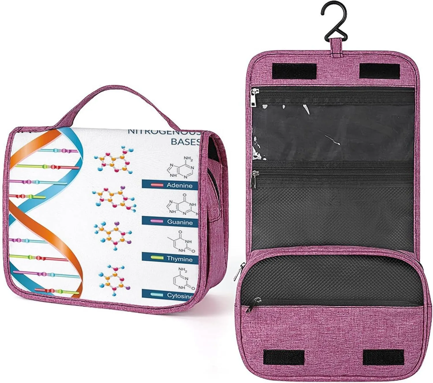 Chemistry Education Theme,Makeup Bag Cosmetic Travel Bag with Hanging Hook,Dna Bases Chemistry Science Spiral,Water-resistant Make Up Bag Organizer for,Full-size Container,Blue Orange