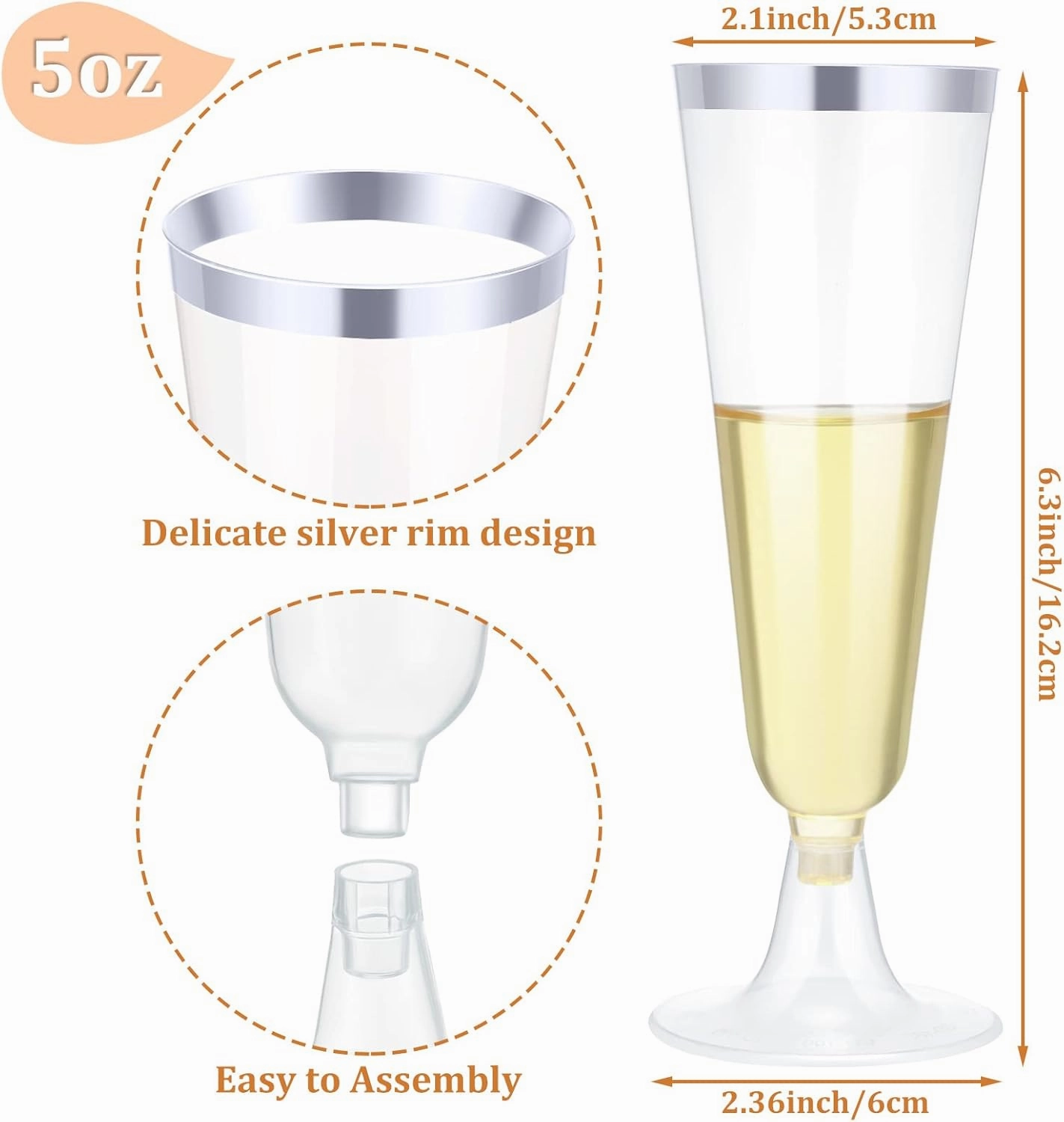 CHENGU 150 Pcs Champagne Flutes 5 Oz Plastic Disposable Champagne Flutes Crystal Wine Glasses Reusable Plastic Cocktail Cups for Wedding Celebration Birthday Party Toasting Drinking(Silver)