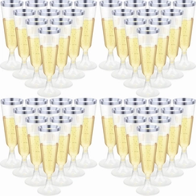 CHENGU 150 Pcs Champagne Flutes 5 Oz Plastic Disposable Champagne Flutes Crystal Wine Glasses Reusable Plastic Cocktail Cups for Wedding Celebration Birthday Party Toasting Drinking(Silver)