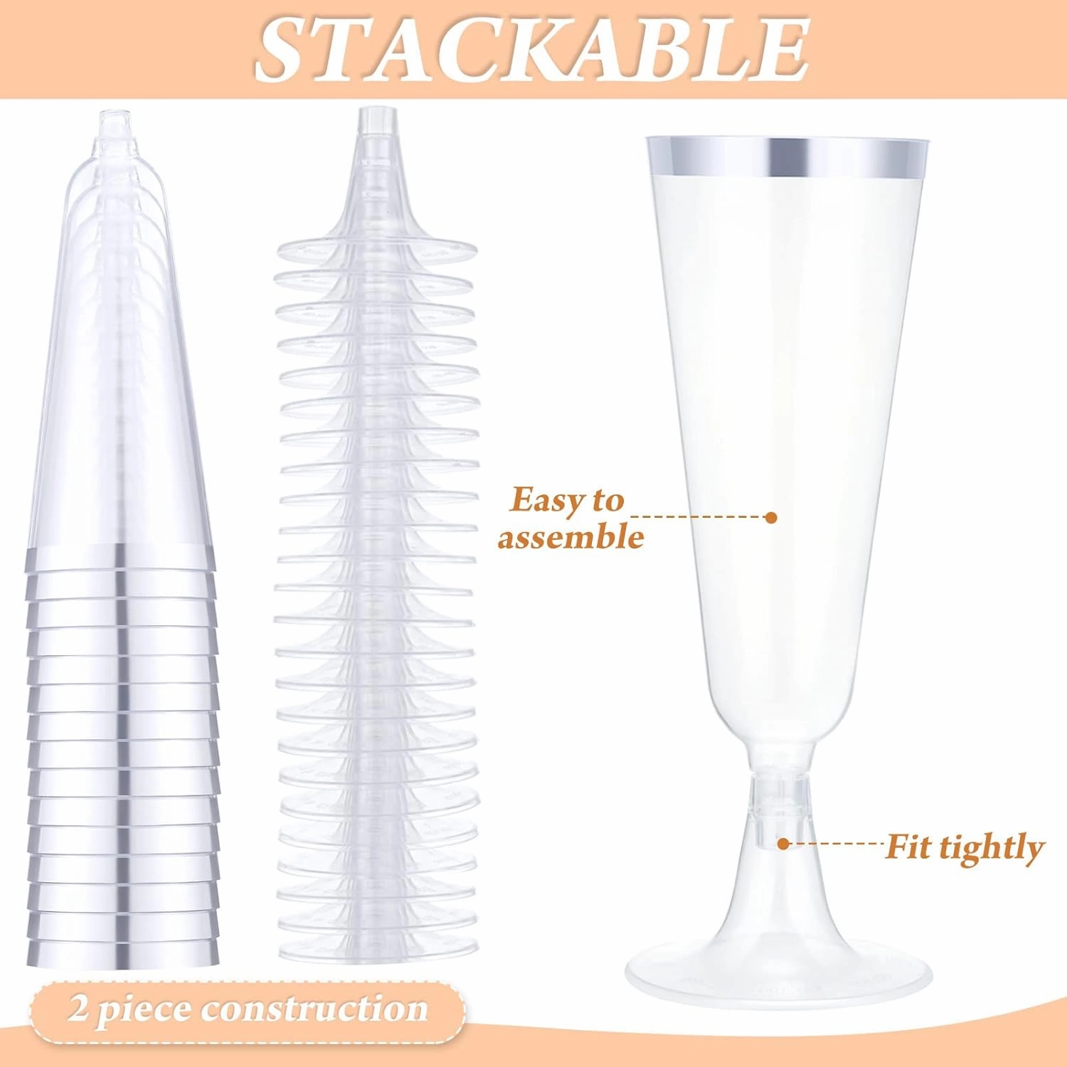 CHENGU 150 Pcs Champagne Flutes 5 Oz Plastic Disposable Champagne Flutes Crystal Wine Glasses Reusable Plastic Cocktail Cups for Wedding Celebration Birthday Party Toasting Drinking(Silver)