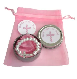 Children's Simulated Pearl Bead & Sideways Crystal Cross Stretch Bracelet ~ Silver Gift Tin ~ Organza Bag & Card