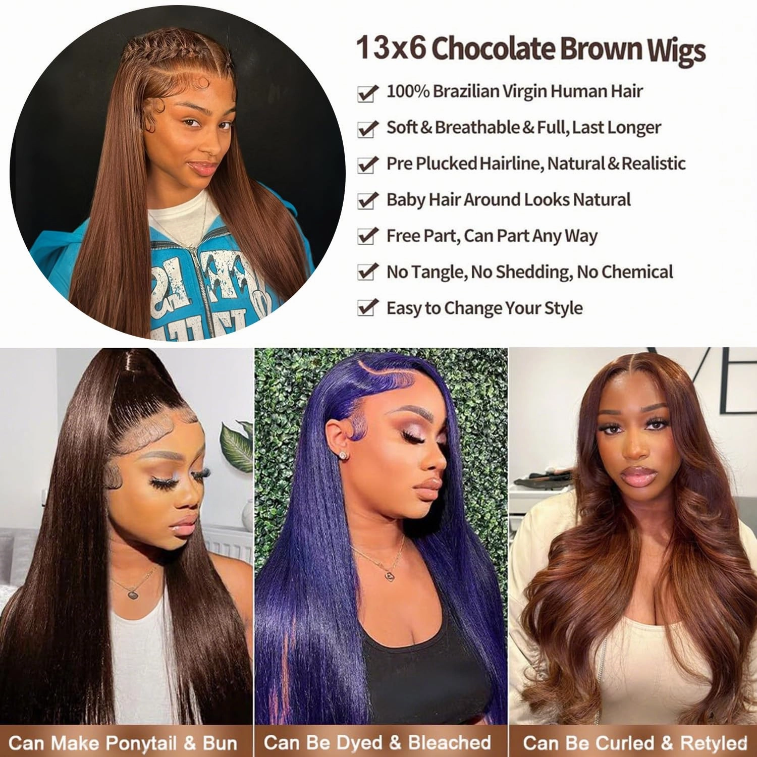 Chocolate Brown Lace Front Wigs Human Hair 250 Density 13x6 Straight Lace Front Wigs Pre Plucked 12A Brazilian Virgin Human Hair Wigs for Women with Baby Hair 30 Inch
