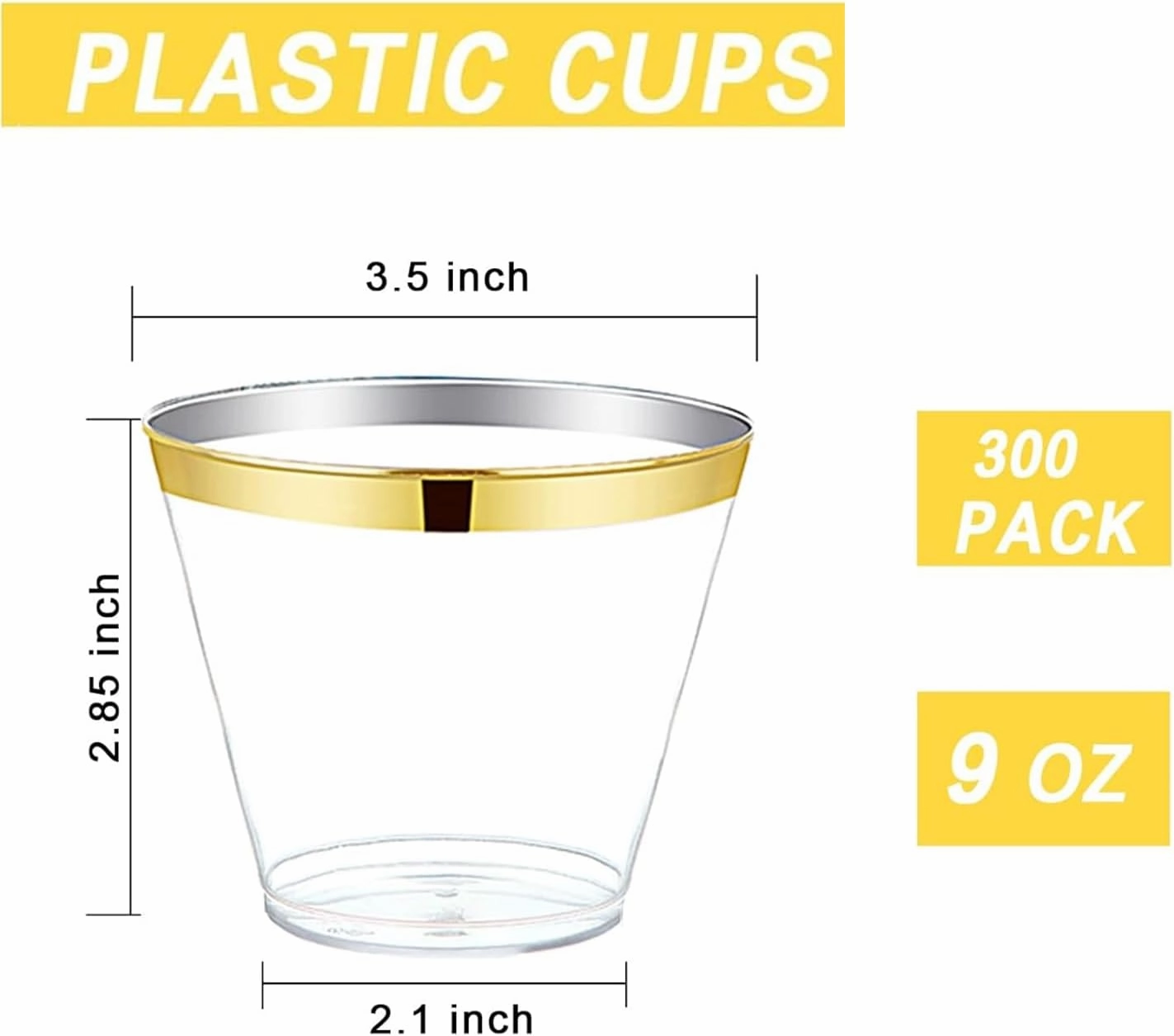 Ciaell 300PCS Gold Plastic Cups - 9Oz Heavy Duty Plastic Cups - Gold Rimmed Disposable Cup - Disposable Clear Wine Cup with Gold Rim for Party & Wedding