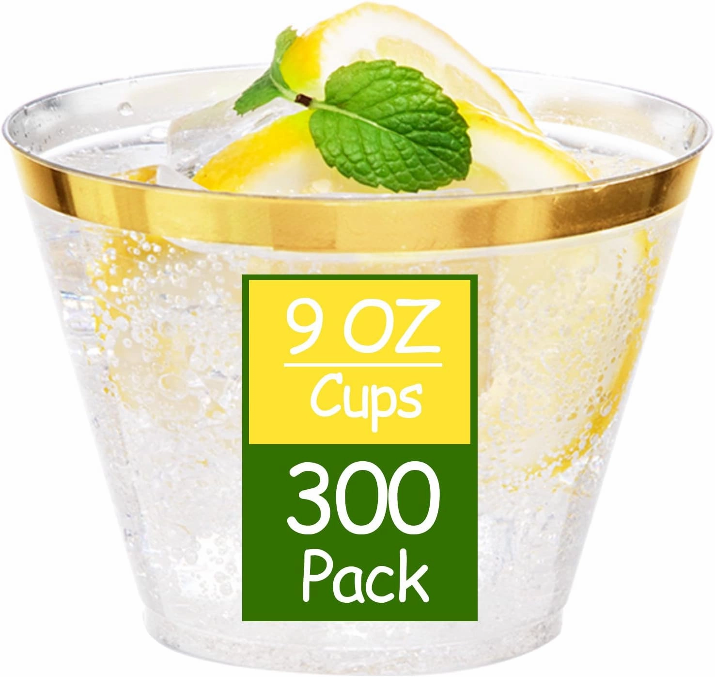 Ciaell 300PCS Gold Plastic Cups - 9Oz Heavy Duty Plastic Cups - Gold Rimmed Disposable Cup - Disposable Clear Wine Cup with Gold Rim for Party & Wedding