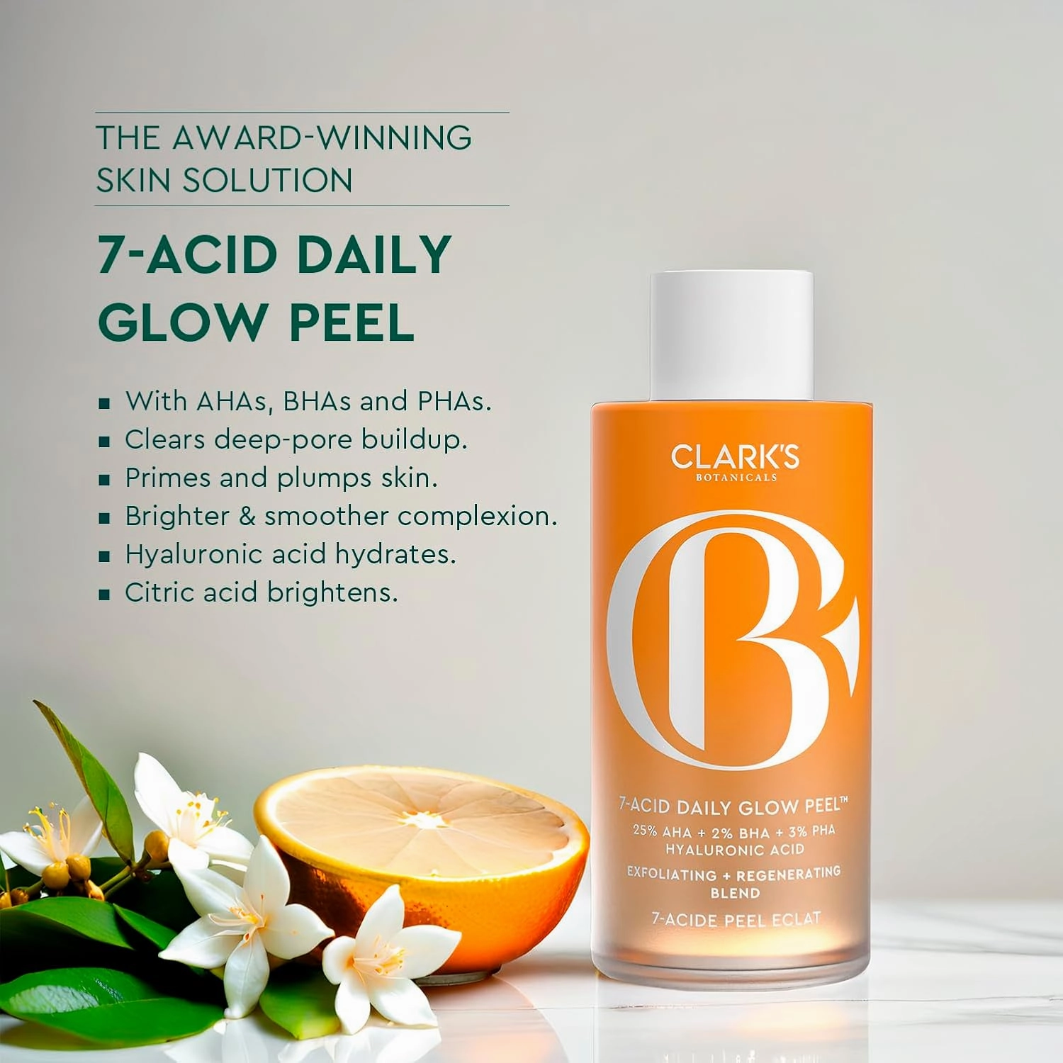 Clarks Botanicals 7-Acid Daily Glow Peel: AHA BHA Chemical Peel for Face, Purify Pores, Regenerate & Brighten Skin, All Skin Types, 4.2 Oz (Pack of 1)